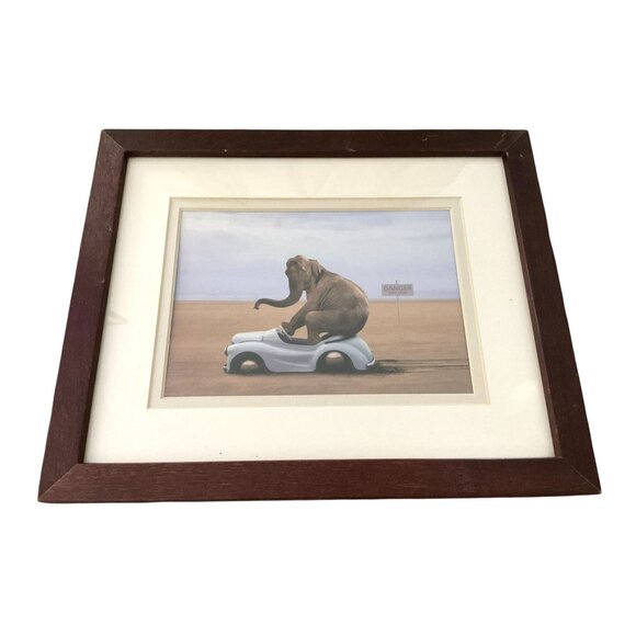 Framed Elephant On Toy Car Art Print In Wooden Frame With Beige Matting - Picture 7 of 11
